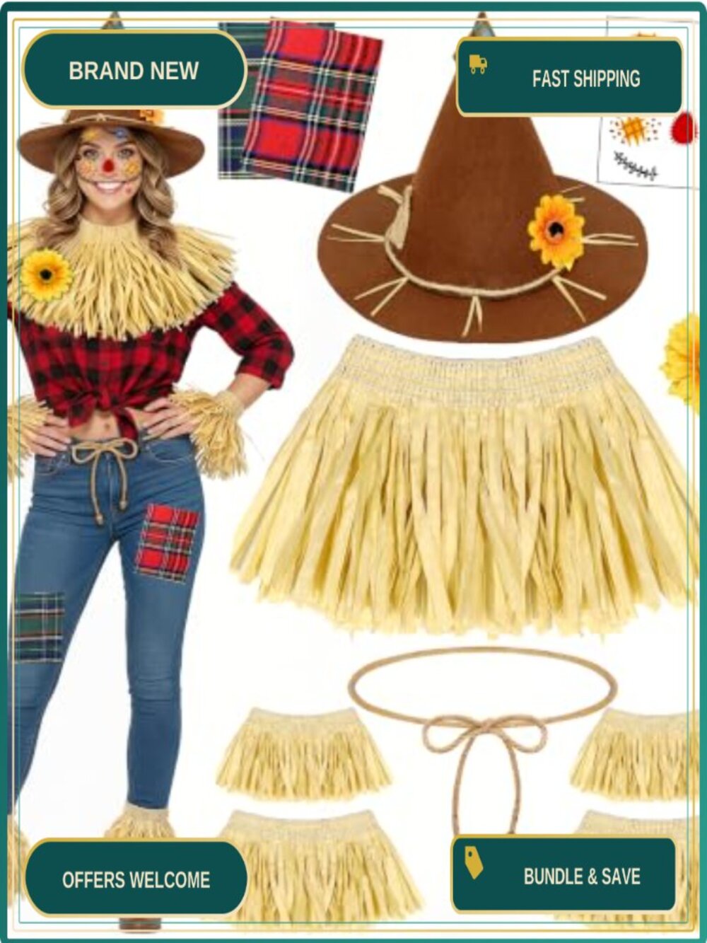Scarecrow Costume Accessory Set Halloween Raffia Headband Wrist Leg Neck Ties